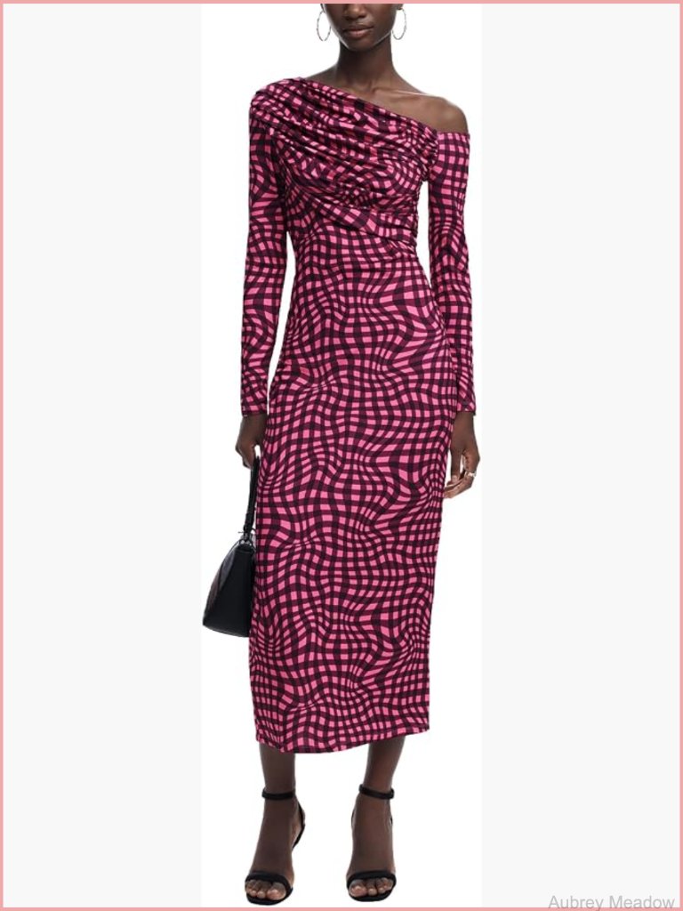Psychedelic Checkered Midi Dress Long Sleeve Slim Fit